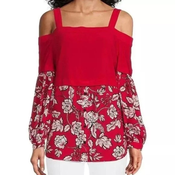NWT Slim Factor by Investments XL Floral Print Square Neck Cold Shoulder Blouse - Picture 1 of 12